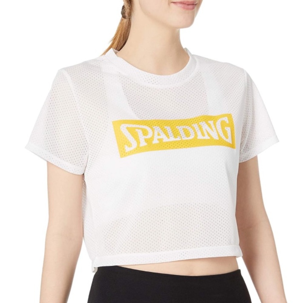🌟FREE🌟 Spalding Varsity Short Sleeve Crop Top Tee White Mesh Script Logo Jersey